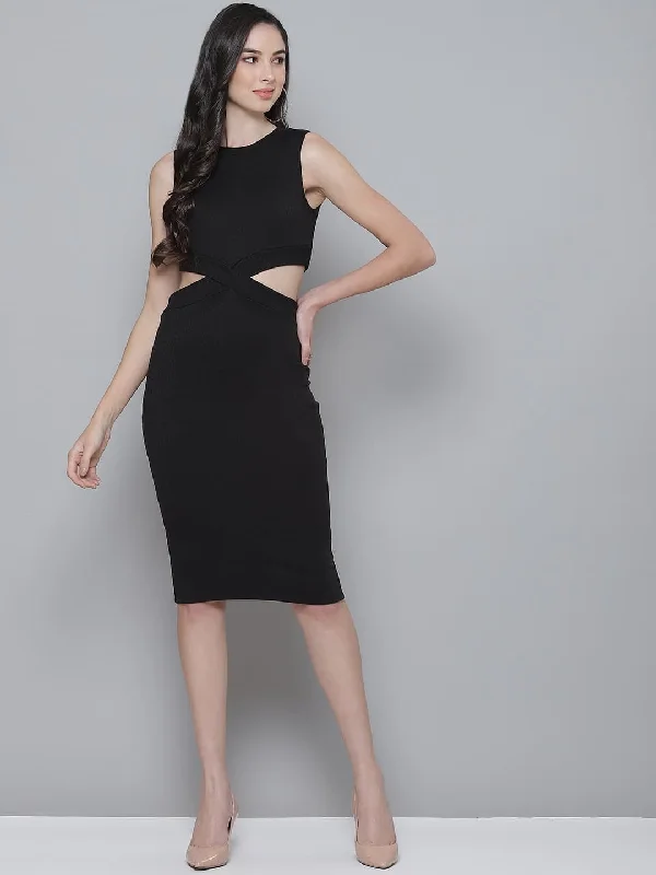 Get More for Less!Get More for Less!Black Rib Side Cut-Out Bodycon Dress