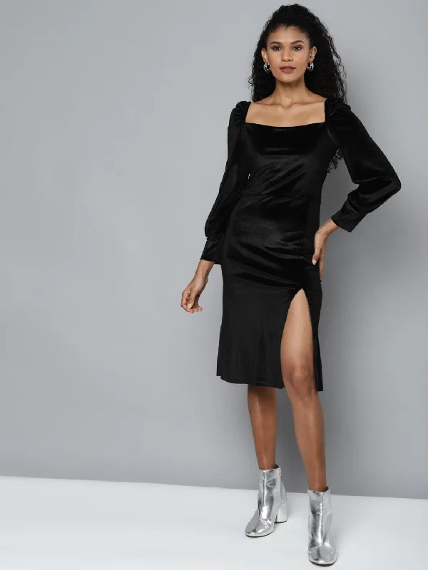Buy One, Get One Free!Buy One, Get One Free!Black Velvet Front Slit Bodycon Dress