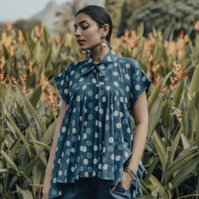 Unbeatable Prices!Unbeatable Prices!Blue Indigo Hand Block Cotton Polka Dots Ruffled Top With Solid Pants