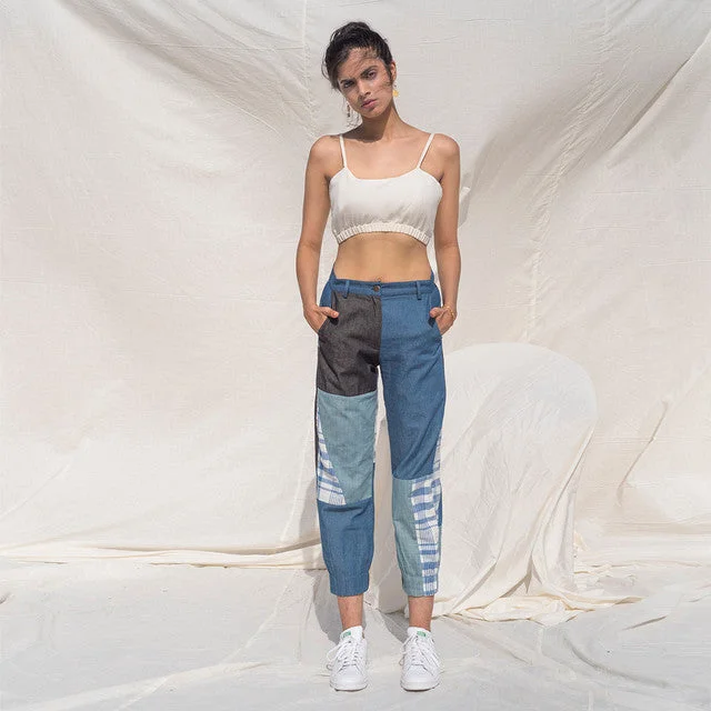 Limited Edition, Limited Price!Limited Edition, Limited Price!Blue Upcycled Cotton Checkered Panelled Pants