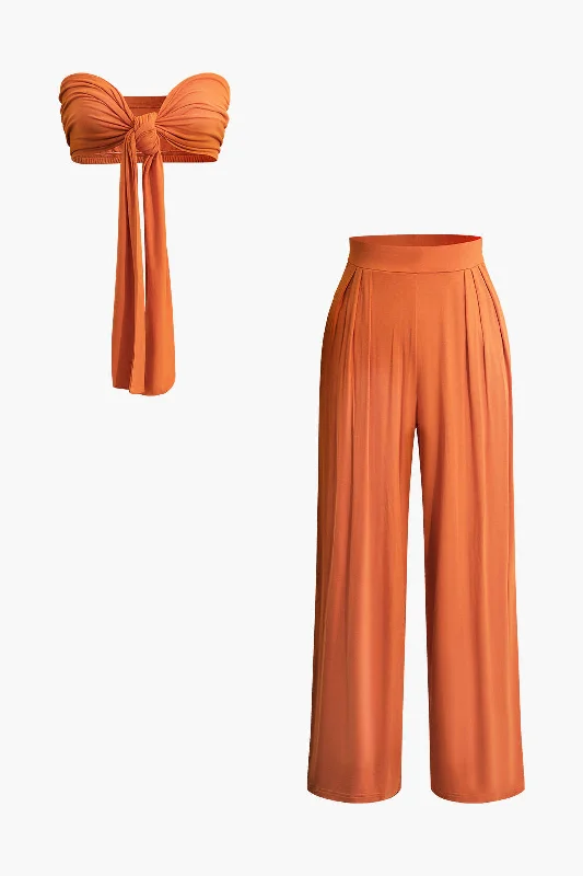 Limited Edition, Limited Price!Tie Knot Front Ruched Tube Top And Pleated Wide Leg Pants