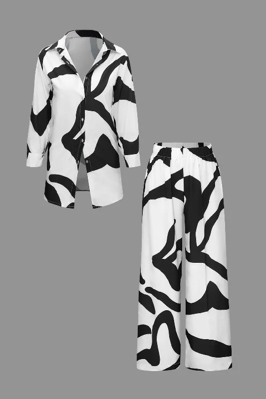 Get Ready to Save!Line Print Button Up Shirt And High Waist Wide Leg Pants Set