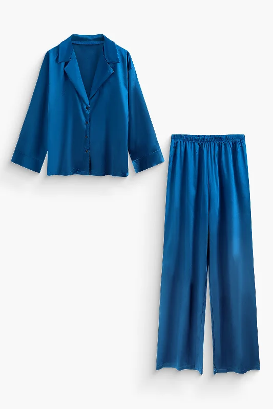 Best Deals Just for You!Solid Satin V-neck Button Up Shirt And Straight Leg Pants Set