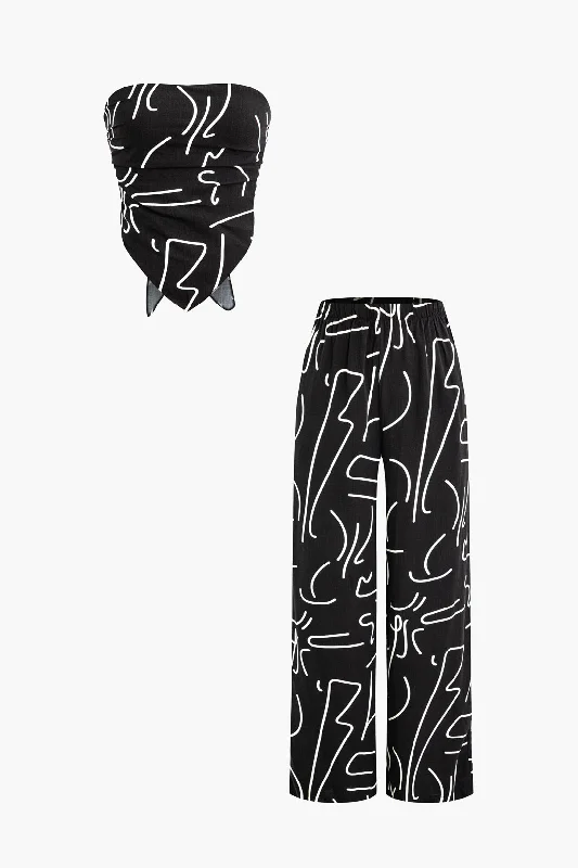 Don’t Wait – Deals Won’t Last!Abstract Print Knot Back Tube Top And Ruched Straight Leg Pants