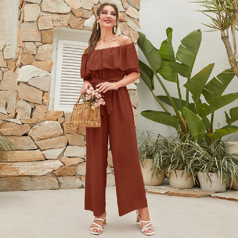 Save Money, Shop Happy!NiDELL 111 Zty-87 European and American Women's Clothing . Summer New Fashion Casual off-Shoulder Ruffle Sleeve Lace-up Cropped Wide-Leg Pants