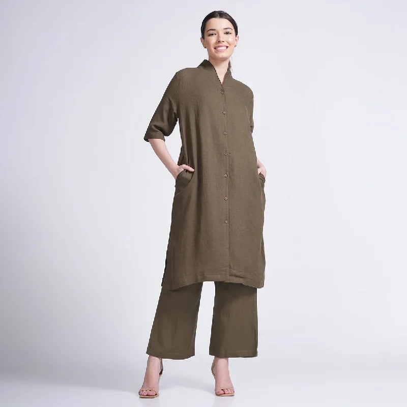 Act Fast – Limited Time Savings!Linen Co-Ord Set for Women | Tunic Top & Pants | Olive