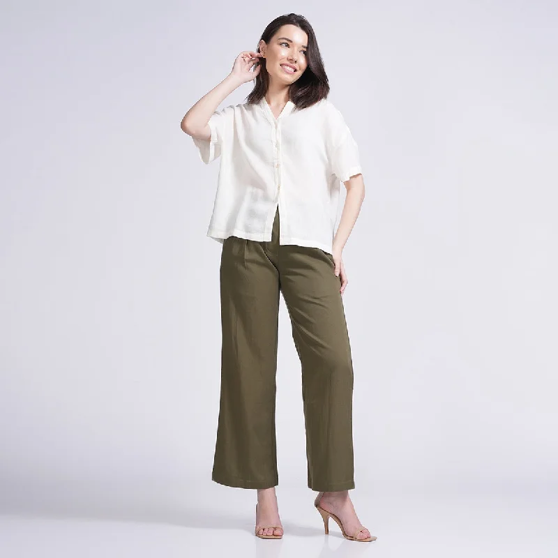 Limited Time Offer!Tencel & Linen Co-Ord Set for Women | Shirt & Pants | Cream & Olive