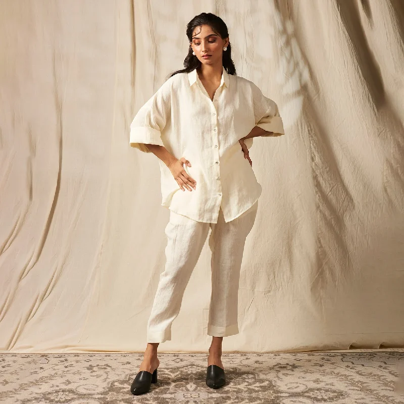 Limited Stock Available!Limited Stock Available!Linen White Co-Ord Set For Women | Oversized Flared Shirt & Pants