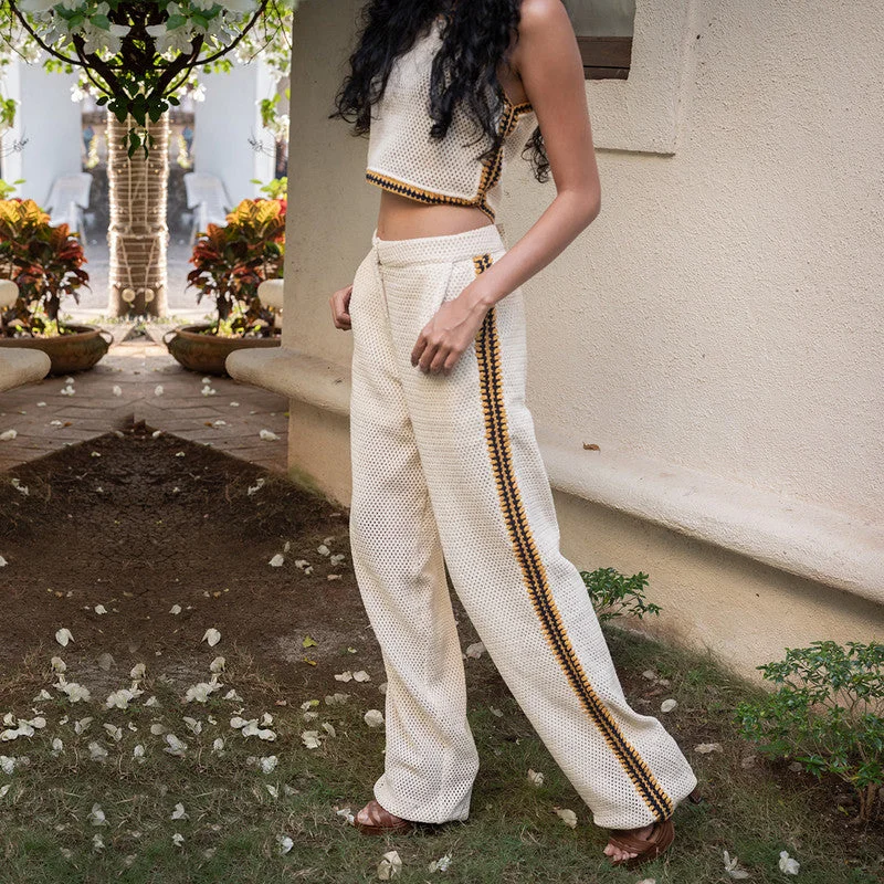 Buy More, Pay Less!Buy More, Pay Less!Pants for Women | Cotton Crochet | Hand Embroidered | Ecru & Mustard