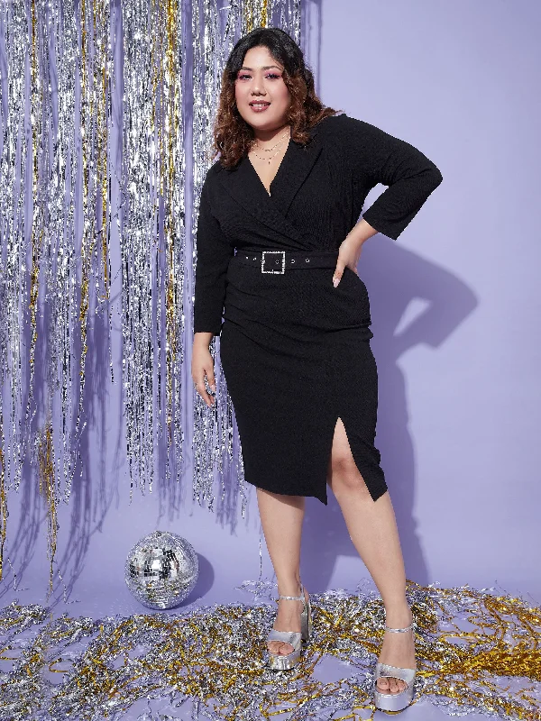 Save Like Never Before!Save Like Never Before!Women Black Notch Collar Belted Bodycon Dress