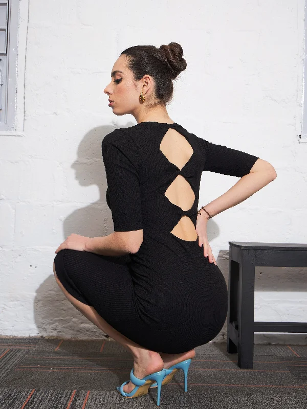 Limited Stock Available!Limited Stock Available!Women Black Rib Twisted Back Cut Out Bodycon Dress Limited Stock Available!Limited Stock Available!Women Black Rib Twisted Back Cut Out Bodycon Dress