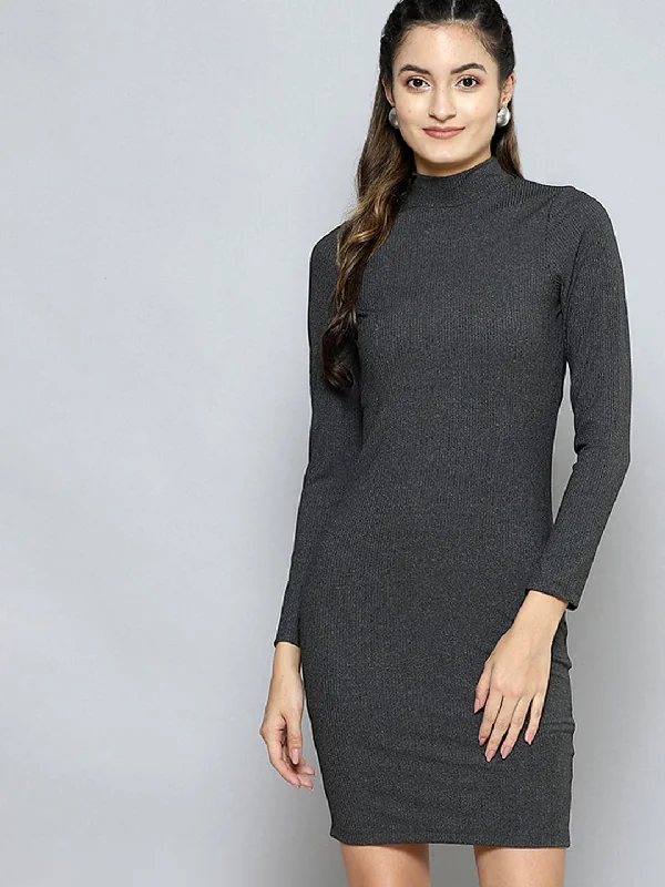Shop Early, Save Big!Shop Early, Save Big!Women Dark Grey Rib High Neck Short Bodycon Dress Shop Early, Save Big!Shop Early, Save Big!Women Dark Grey Rib High Neck Short Bodycon Dress