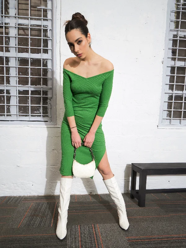Hurry! While Supplies Last!Hurry! While Supplies Last!Women Green Rib Off-Shoulder Bodycon Dress Hurry! While Supplies Last!Hurry! While Supplies Last!Women Green Rib Off-Shoulder Bodycon Dress