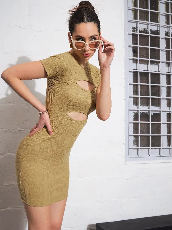 Biggest Sale of the Season!Biggest Sale of the Season!Women Khaki Rib Front Cut Out Bodycon Dress