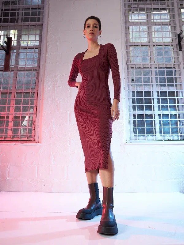 Crazy Discounts Inside!Crazy Discounts Inside!Women Maroon Rib Side Slit Full Sleeves Bodycon Dress Crazy Discounts Inside!Crazy Discounts Inside!Women Maroon Rib Side Slit Full Sleeves Bodycon Dress