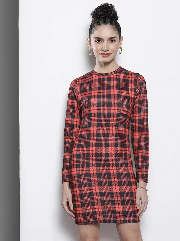 Incredible Savings Inside!Incredible Savings Inside!Women Red Check Knit High Neck Bodycon Dress Incredible Savings Inside!Incredible Savings Inside!Women Red Check Knit High Neck Bodycon Dress