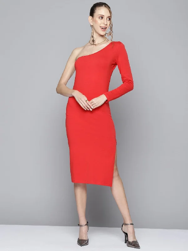 Limited Time Offer!Limited Time Offer!Women Red One Shoulder Bodycon Dress