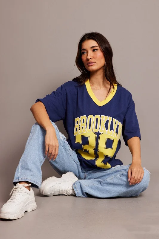 Save Money, Shop Happy!Blue Graphic Tee V Neck Short Sleeve