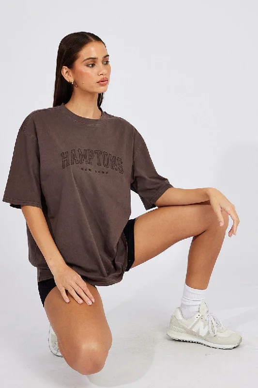 Great Deals, Just for You!Brown Graphic Tee Short Sleeve Jersey Embroidered