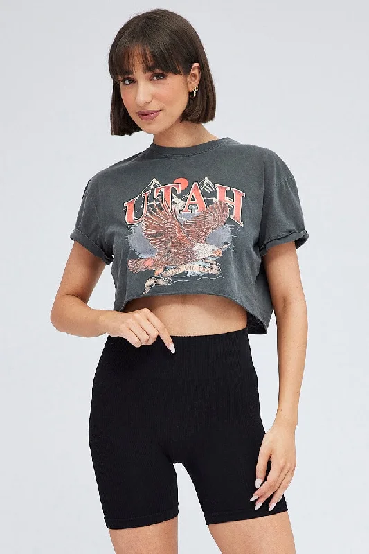 Your Chance to Save is Now!Your Chance to Save is Now!Grey Crop Tee Short Sleeve Graphic Print Your Chance to Save is Now!Your Chance to Save is Now!Grey Crop Tee Short Sleeve Graphic Print