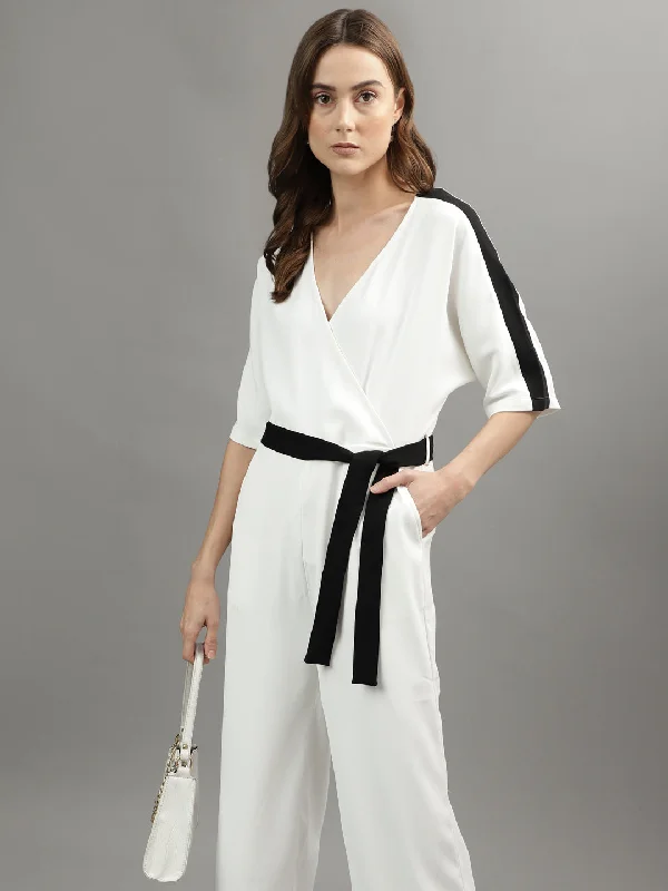 Your Chance to Save is Now!Your Chance to Save is Now!Iconic Women White Solid V Neck Jumpsuit Your Chance to Save is Now!Your Chance to Save is Now!Iconic Women White Solid V Neck Jumpsuit