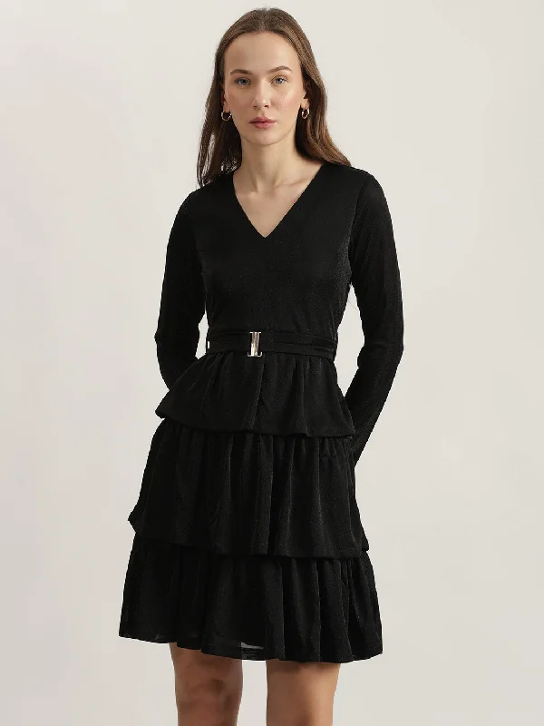 Limited Stock Available!Limited Stock Available!Centre Stage Women Black Solid V-Neck Full Sleeves Layered A-Line Dress Limited Stock Available!Limited Stock Available!Centre Stage Women Black Solid V-Neck Full Sleeves Layered A-Line Dress