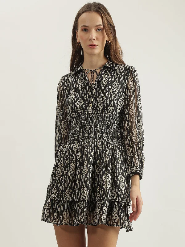 Only a Few Left – Order Now!Only a Few Left – Order Now!Elle Women Black Printed Tie-Up Neck Full Sleeves Fit And Flare Dress Only a Few Left – Order Now!Only a Few Left – Order Now!Elle Women Black Printed Tie-Up Neck Full Sleeves Fit And Flare Dress