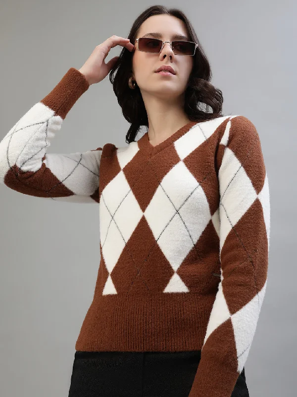 One Click Away from Big Savings!One Click Away from Big Savings!Iconic Women Brown Printed V-Neck Full Sleeves Sweater