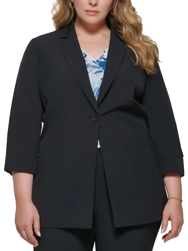 Top DealsTop DealsPlus Womens Knit Roll-Tab One-Button Blazer