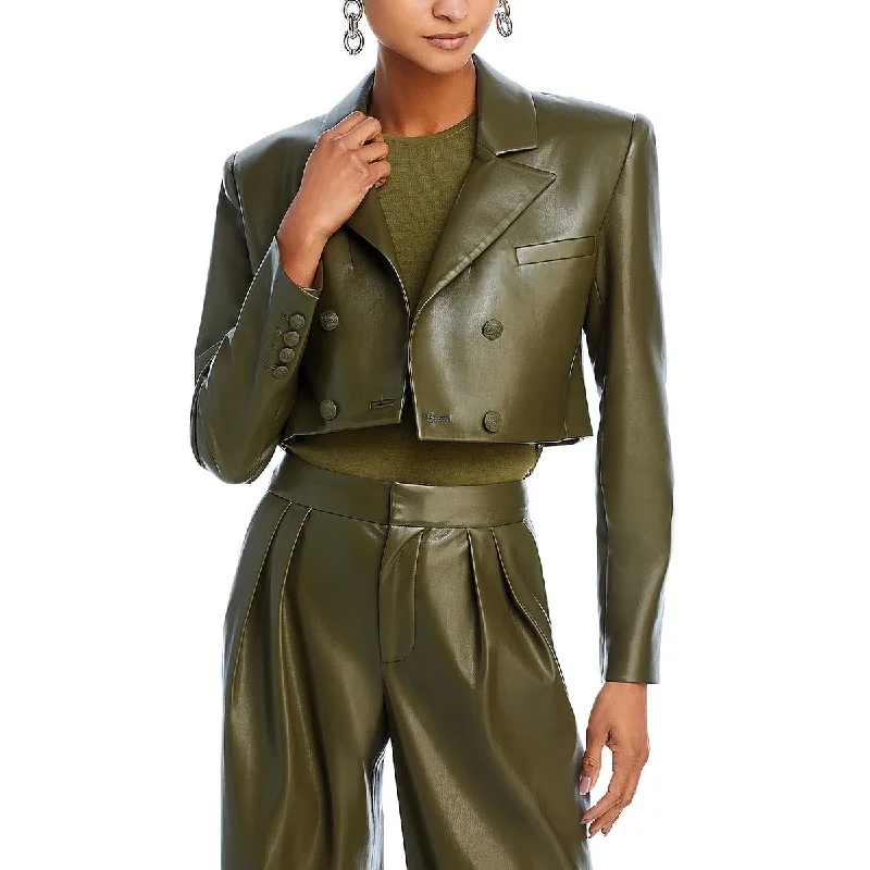 Top DealsTop DealsWomens Faux Leather Cropped Double-Breasted Blazer